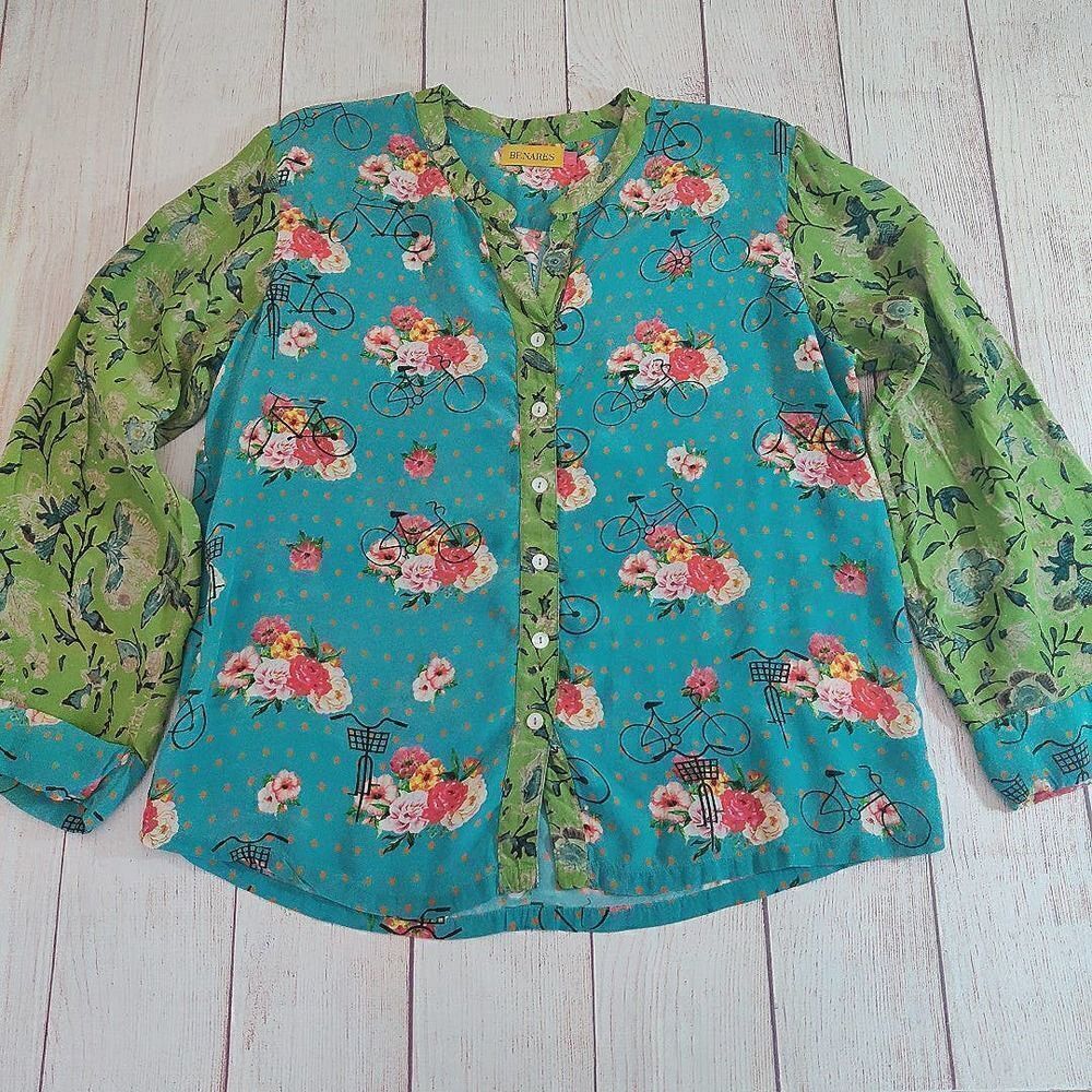 Benares bicycle floral split V-neck button front blouse sz L - Picture 4 of 8